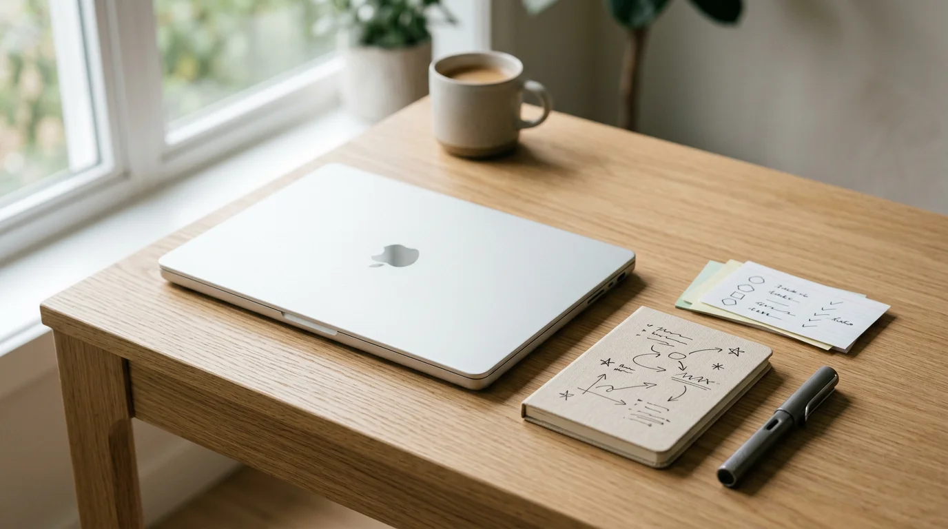 Mac workspace for a founder with email and planning materials