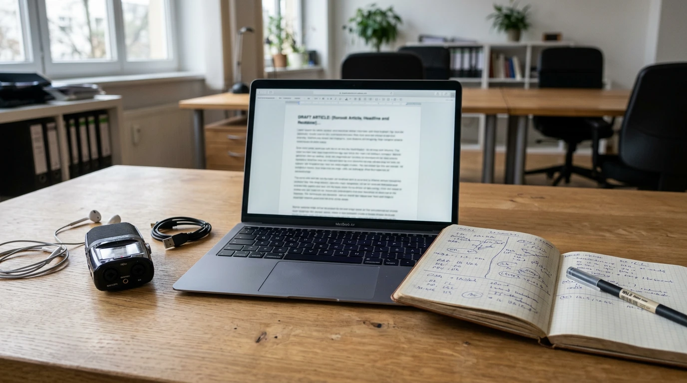 Minimal Mac journalism workspace with notes and recording tools