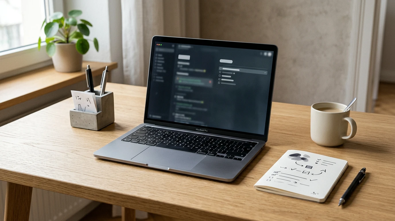Minimal Mac workspace with product manager planning materials