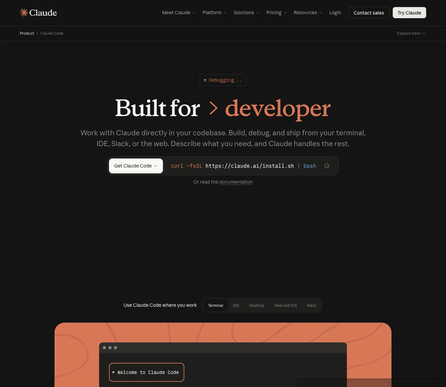 Claude Code product page screenshot