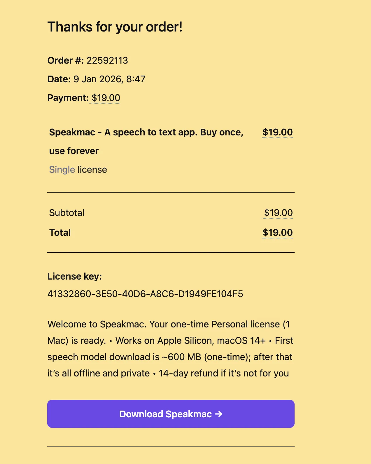 License key in your purchase email