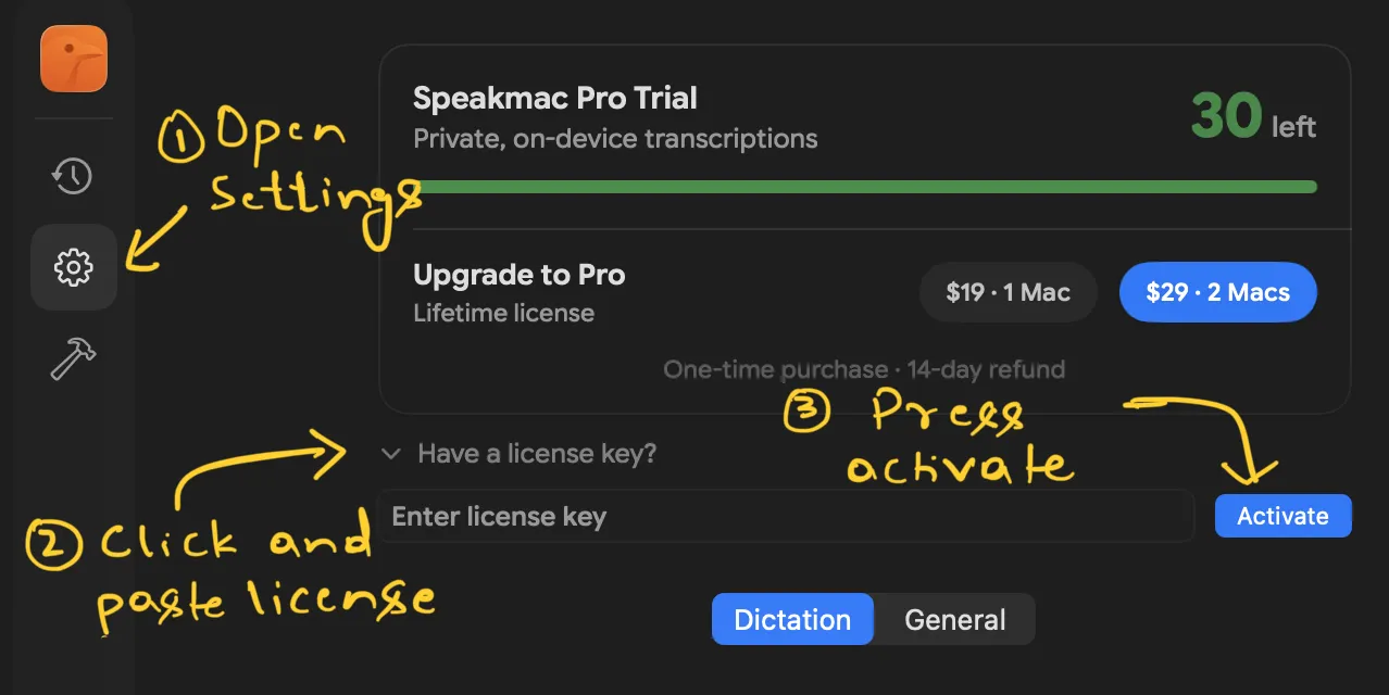Where to paste your license key in Speakmac Settings