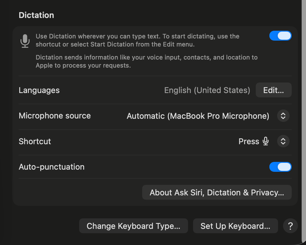macOS Dictation settings showing language, microphone source, and shortcut options