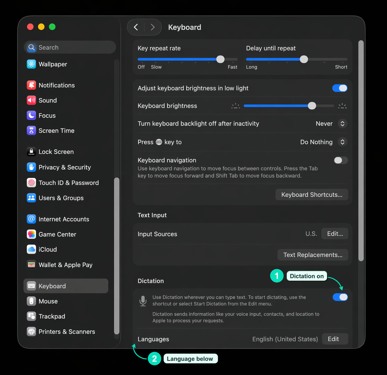 Mac Keyboard settings showing the Dictation toggle and language area