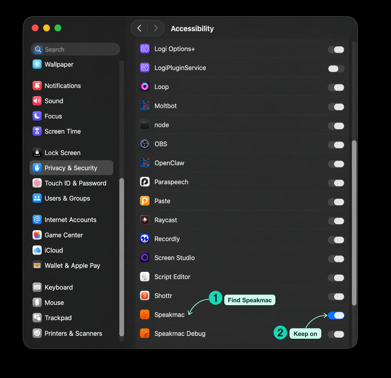 Mac Accessibility settings showing the Speakmac permission switch