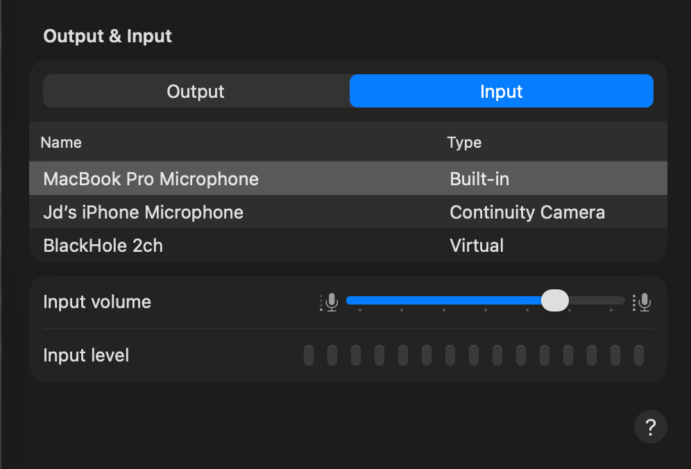 macOS Sound input device list with active microphone selection
