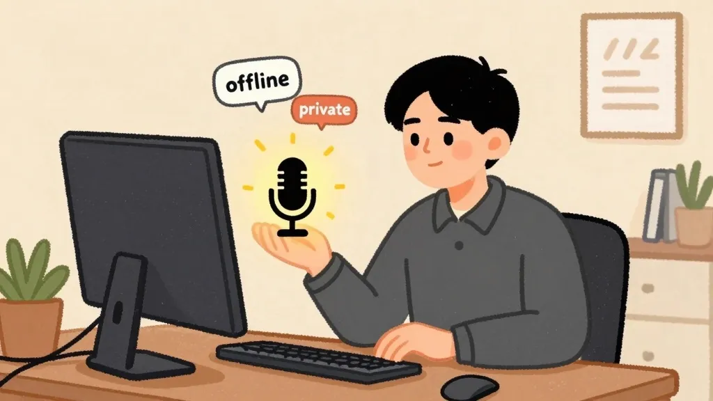 Professional at desk with Mac using offline dictation with glowing microphone icon and offline/private badges