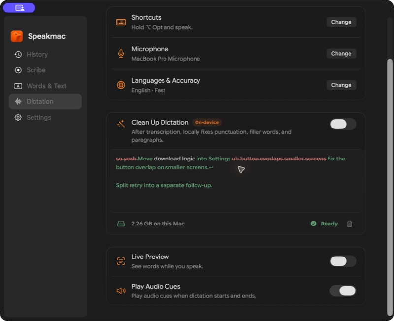 Speakmac Dictation settings: Clean Up Dictation and Live Preview