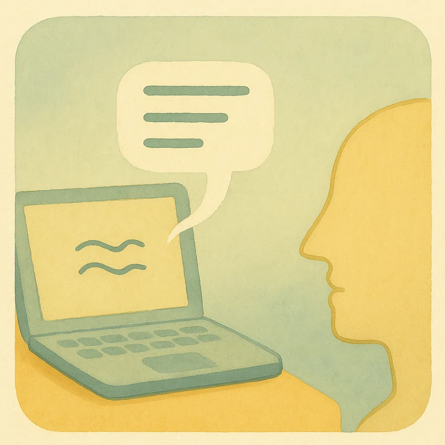 Square hand-drawn tile showing Speakmac voice control cues.