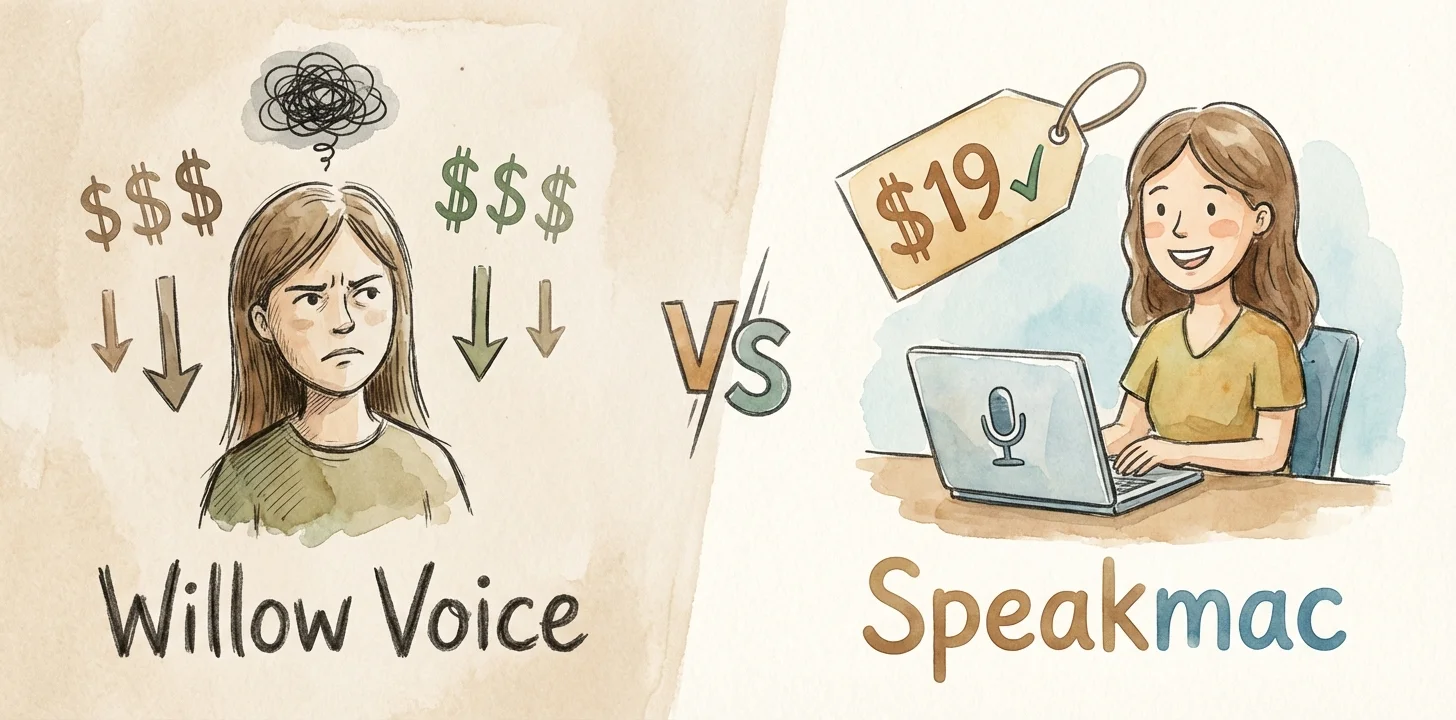 Side-by-side comparison of Speakmac and Willow Voice dictation apps for Mac