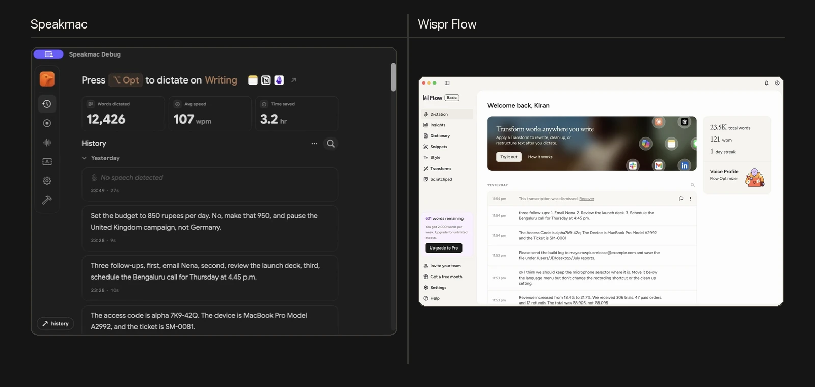 Speakmac and Wispr Flow history screens showing outputs from the extended same-audio benchmark.