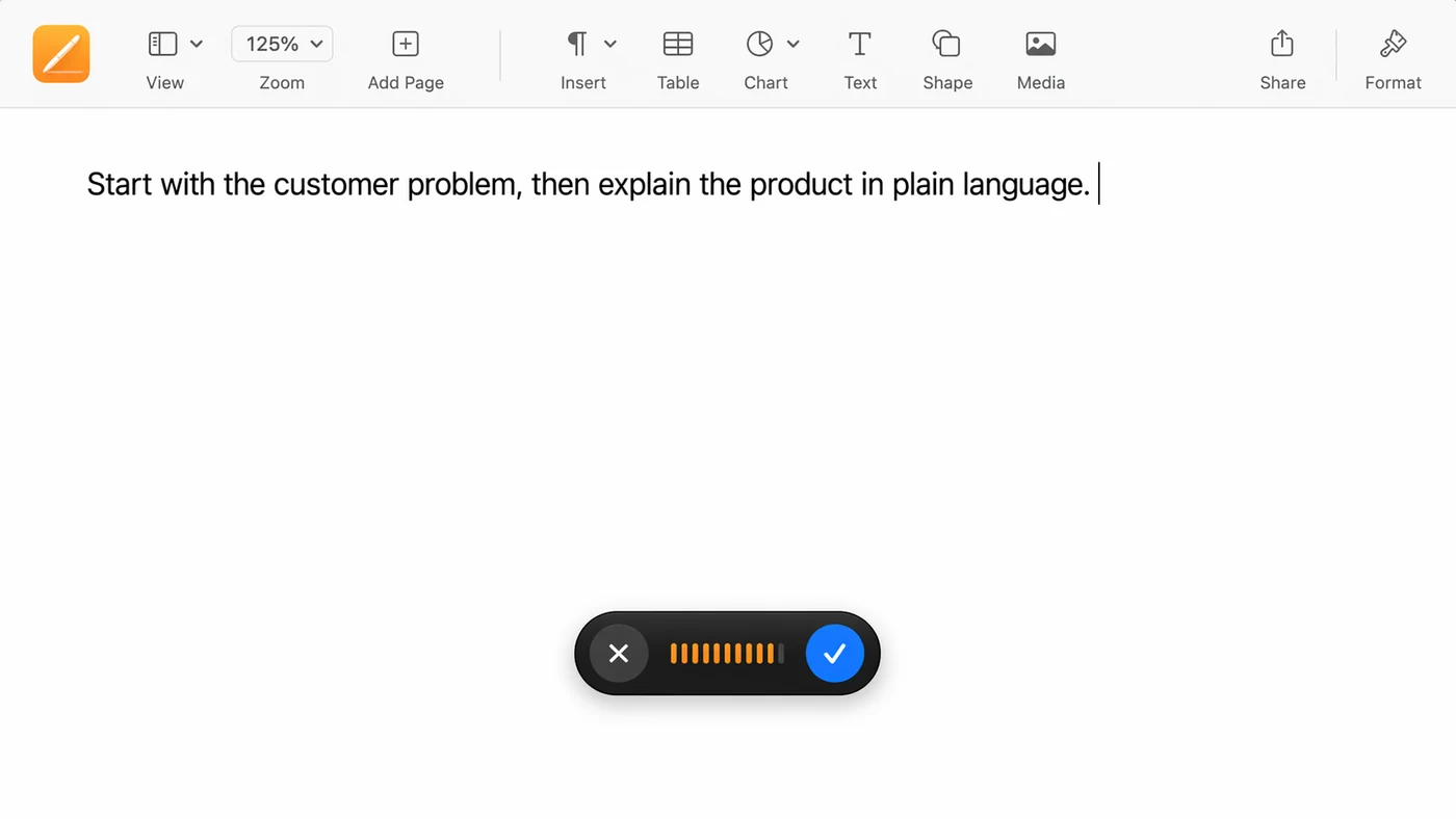 Speakmac dictating in Apple Pages on Mac