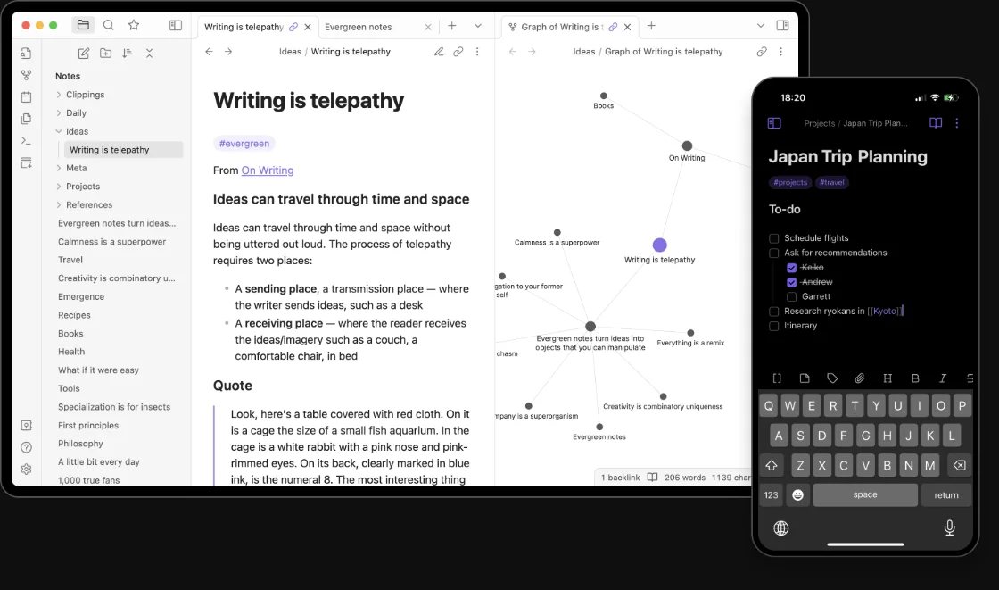 Obsidian desktop and mobile note-taking interface on Mac