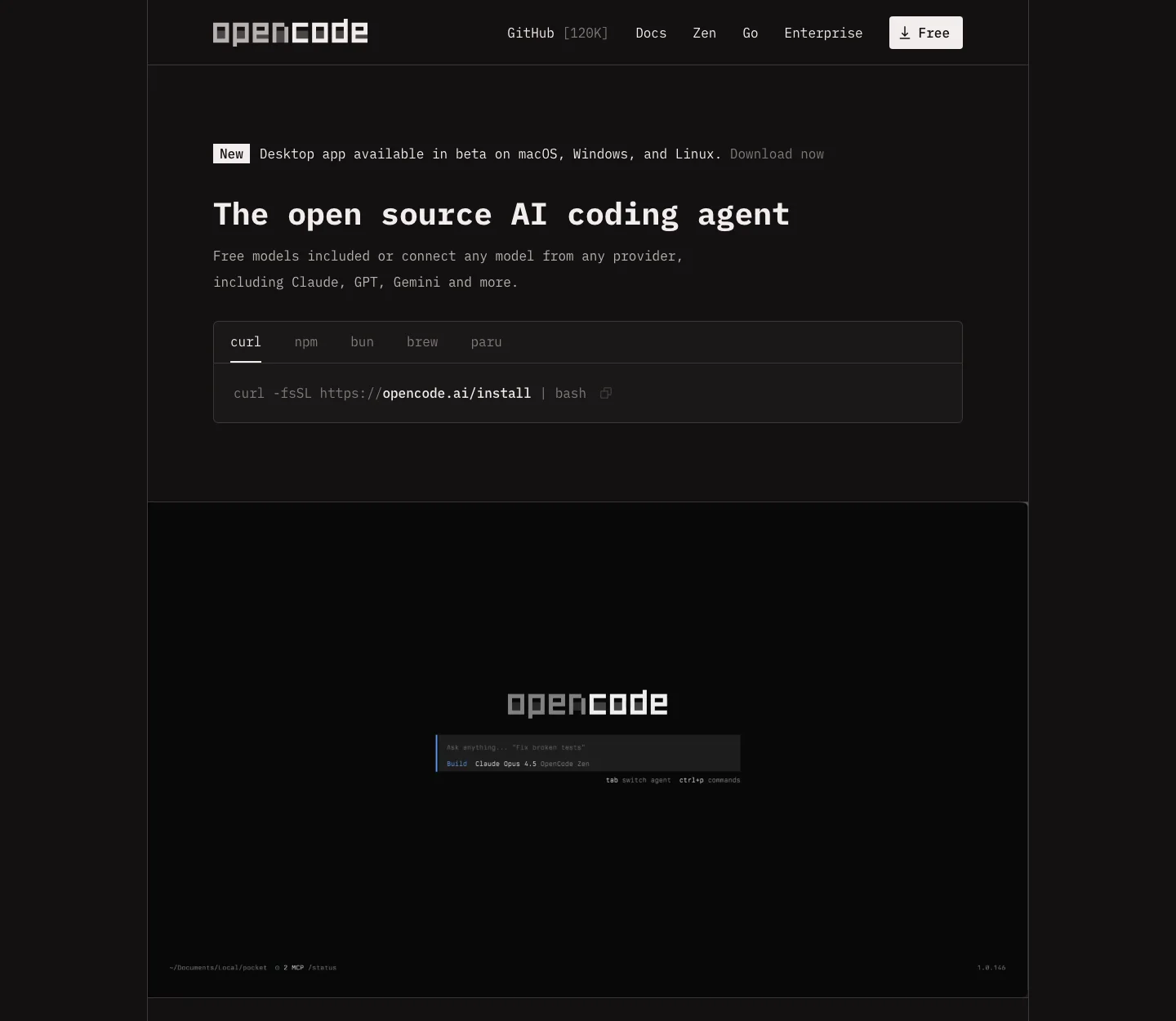 OpenCode product page screenshot