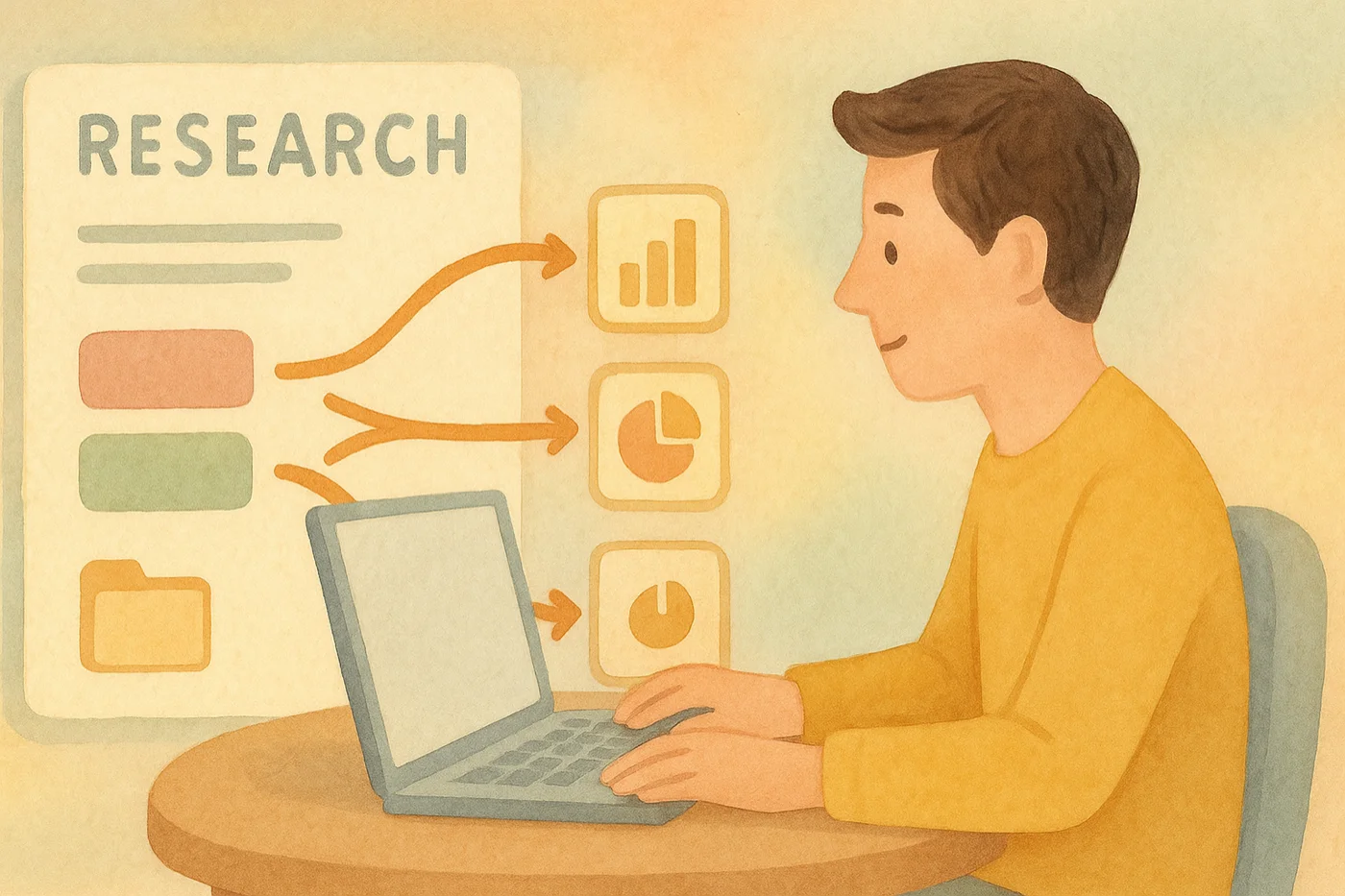 Hand-drawn futuristic Mac assistant styled like Jarvis guiding a builder.