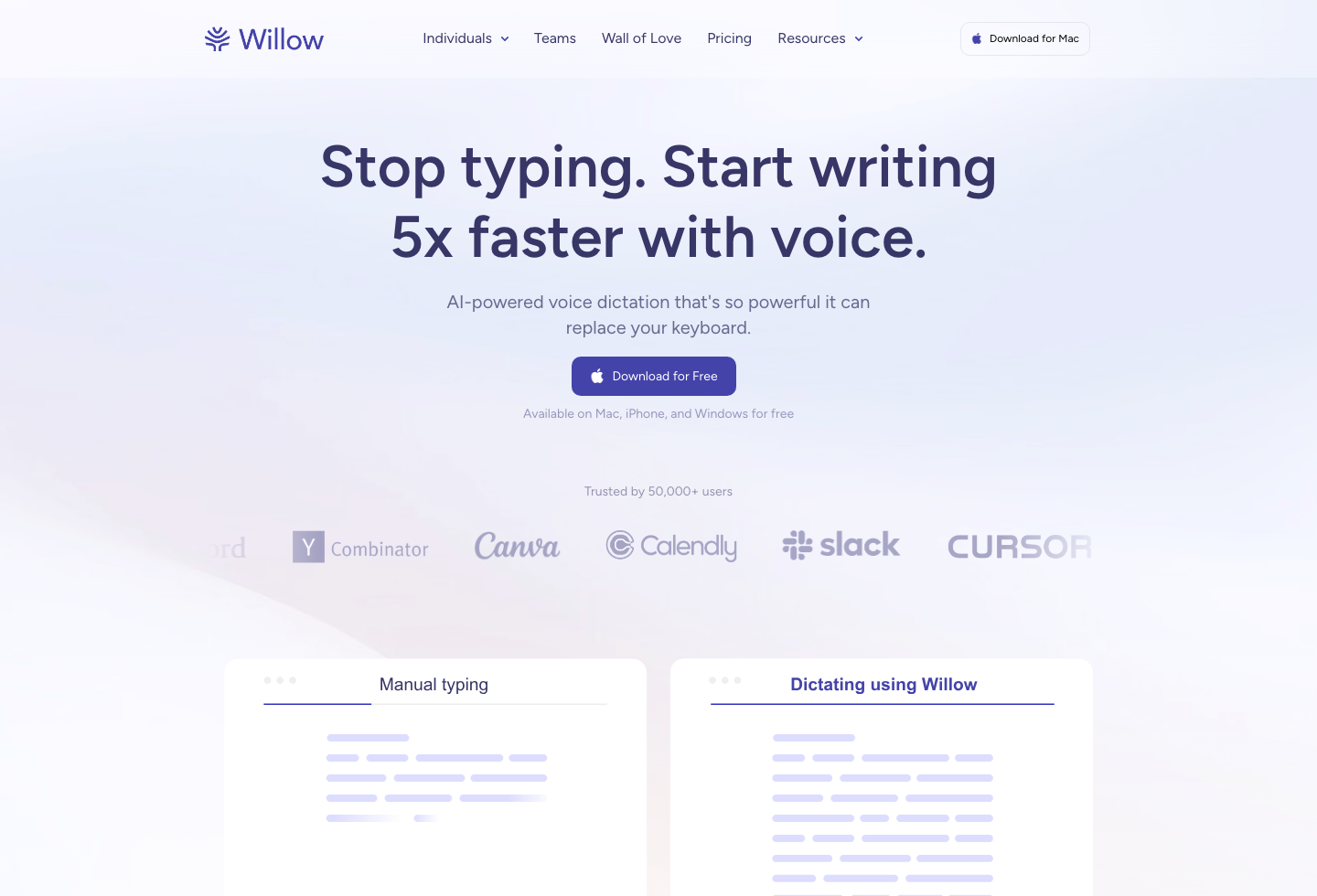 Willow Voice homepage hero