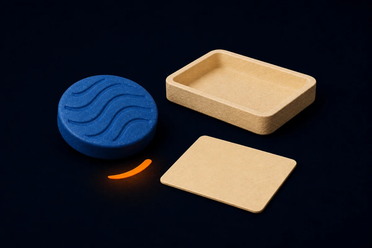 A tactile audio token, tray, and blank note representing an imported recording becoming text.