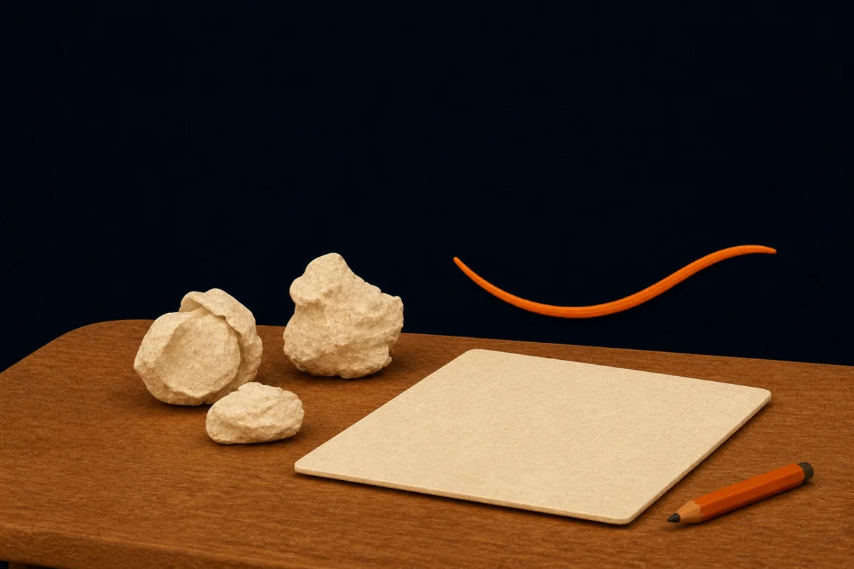 Crumpled paper beside a clean blank note, representing rough speech becoming clear text.