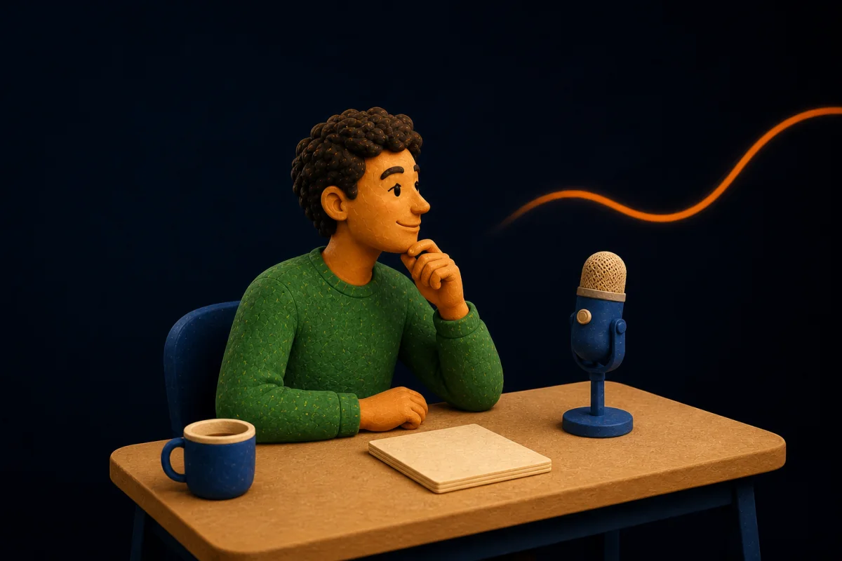 A friendly Speakmac helper sitting with a microphone, warm drink, and blank notebook, ready to help.