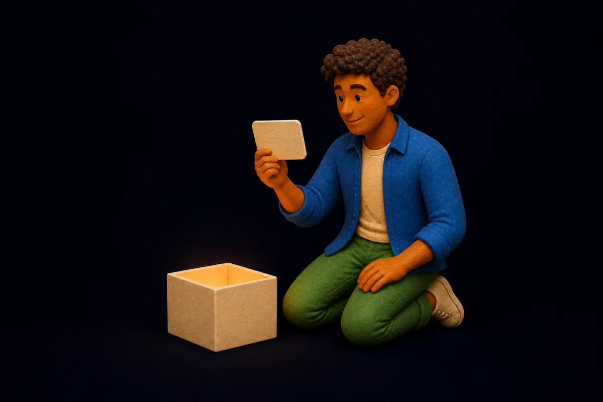 A person retrieving a saved card from a softly lit archive box.