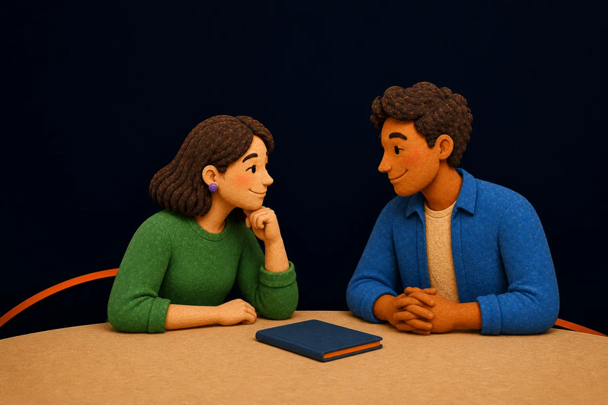 Two colleagues talking across a table with a closed notebook between them.