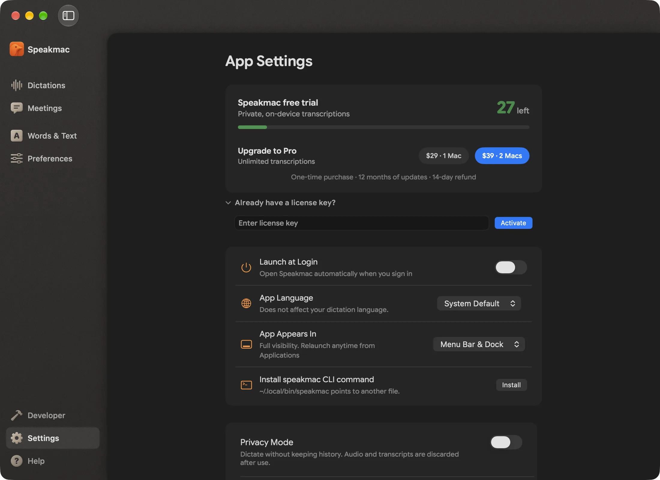 Where to paste your license key in Speakmac Settings
