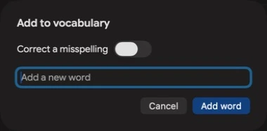 Speakmac Add custom word dialog with an exact word field and optional Correct a misspelling switch