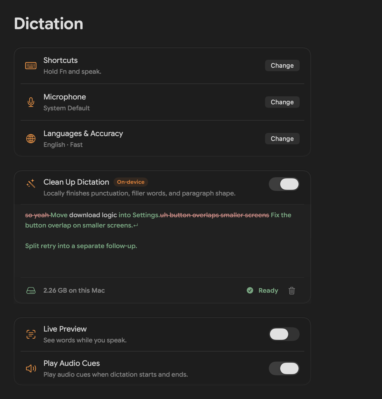 The current Speakmac Dictation settings page with Clean Up Dictation highlighted below Languages and Accuracy.