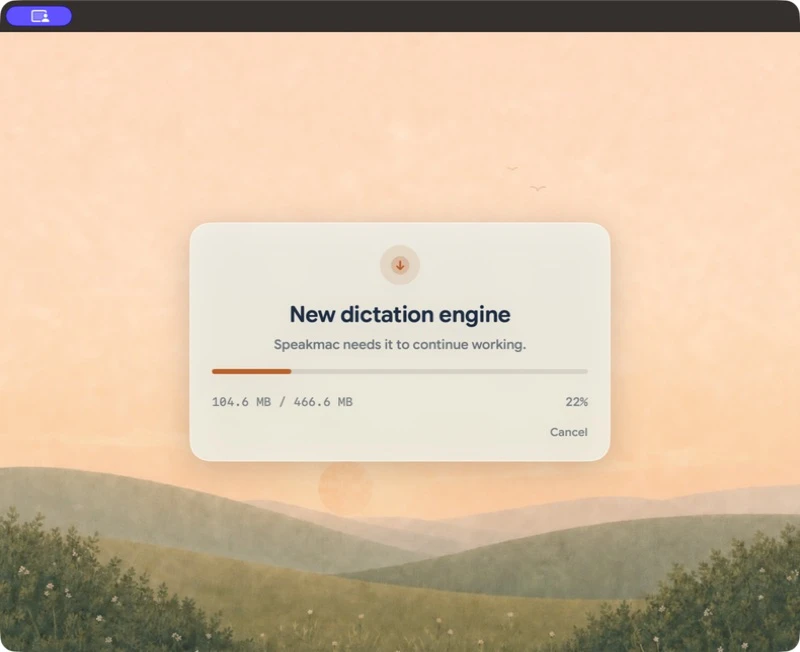 Speakmac 5.6.0 downloading the required dictation engine in-app, with downloaded bytes, total size, progress and Cancel.