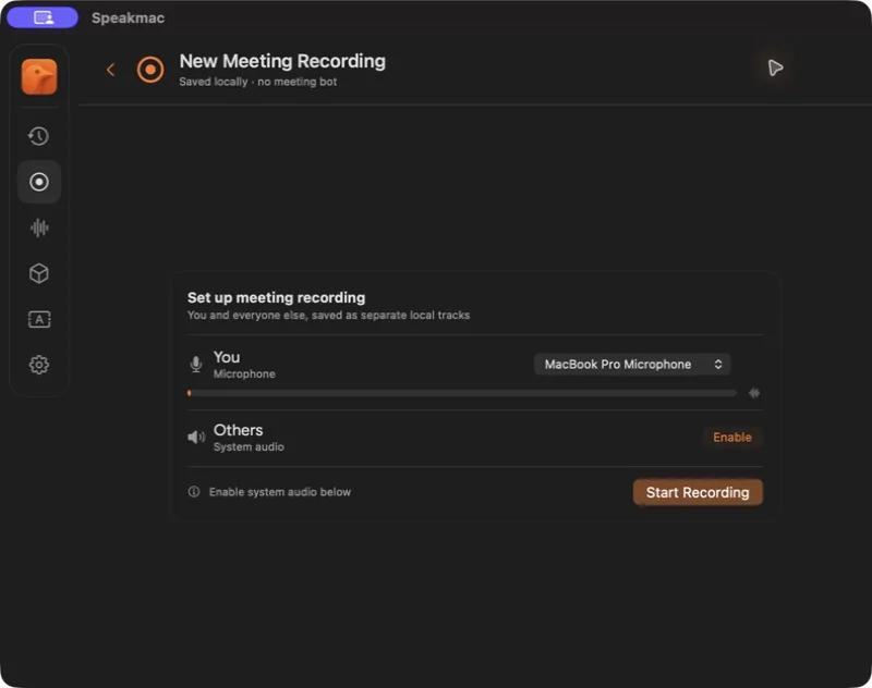 The full Speakmac New Meeting Recording window with the System audio permission and Start Recording controls visible.