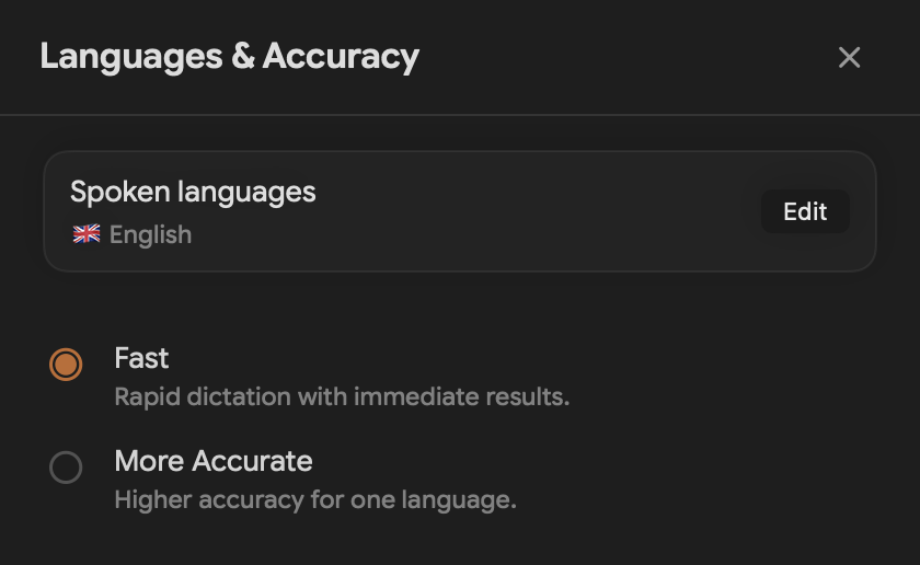 The real Speakmac Languages and Accuracy screen with Fast selected for English.