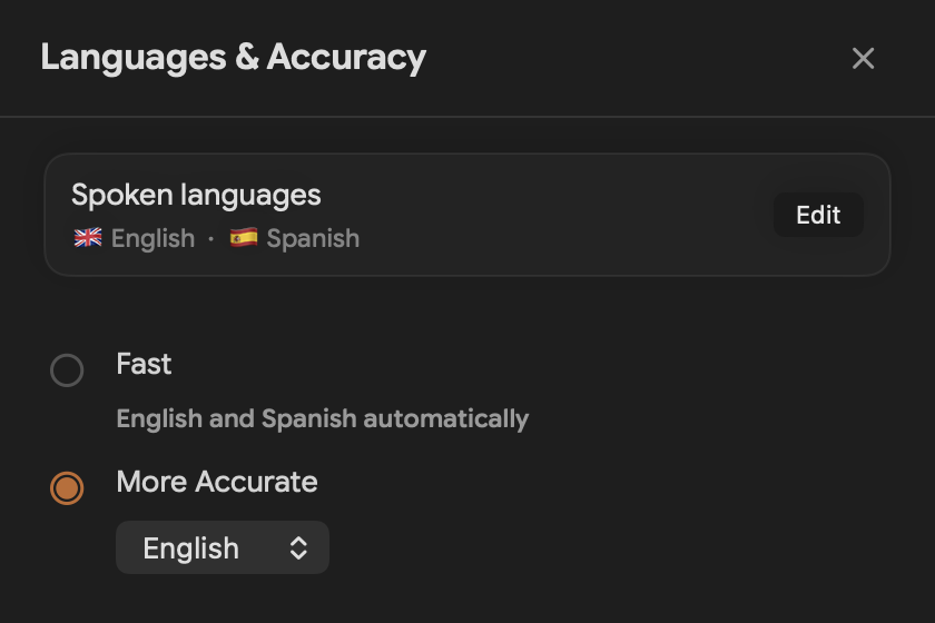 The real Speakmac Languages and Accuracy screen with More Accurate selected and English focused.