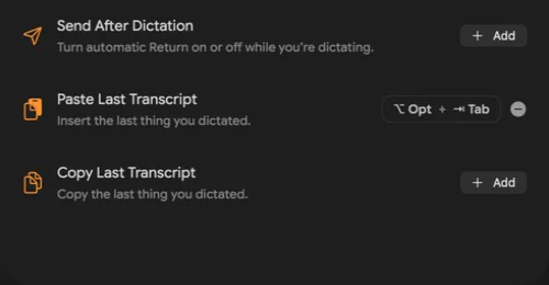 The real Speakmac Shortcuts screen showing Send After Dictation, Paste Last Transcript, and Copy Last Transcript.