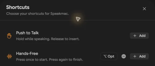 The real Speakmac Shortcuts screen showing separate Push to Talk and Hands-Free rows.