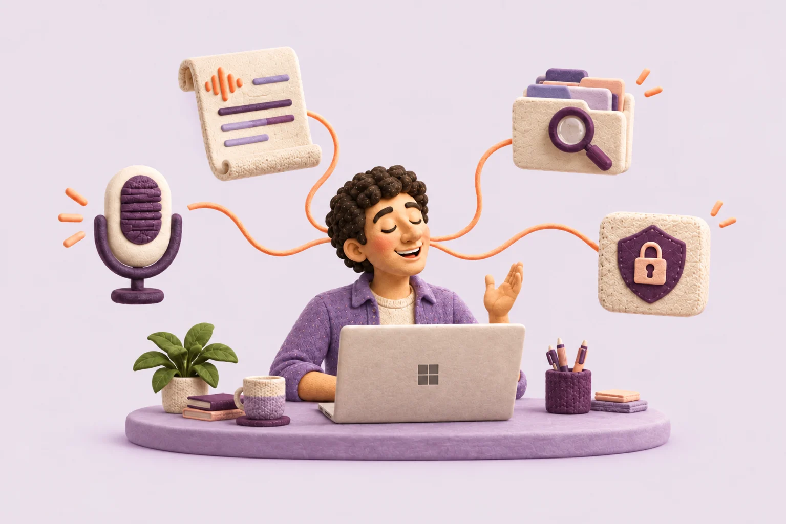 Clay illustration of someone dictating at their computer, surrounded by a microphone, transcript, search and privacy symbols