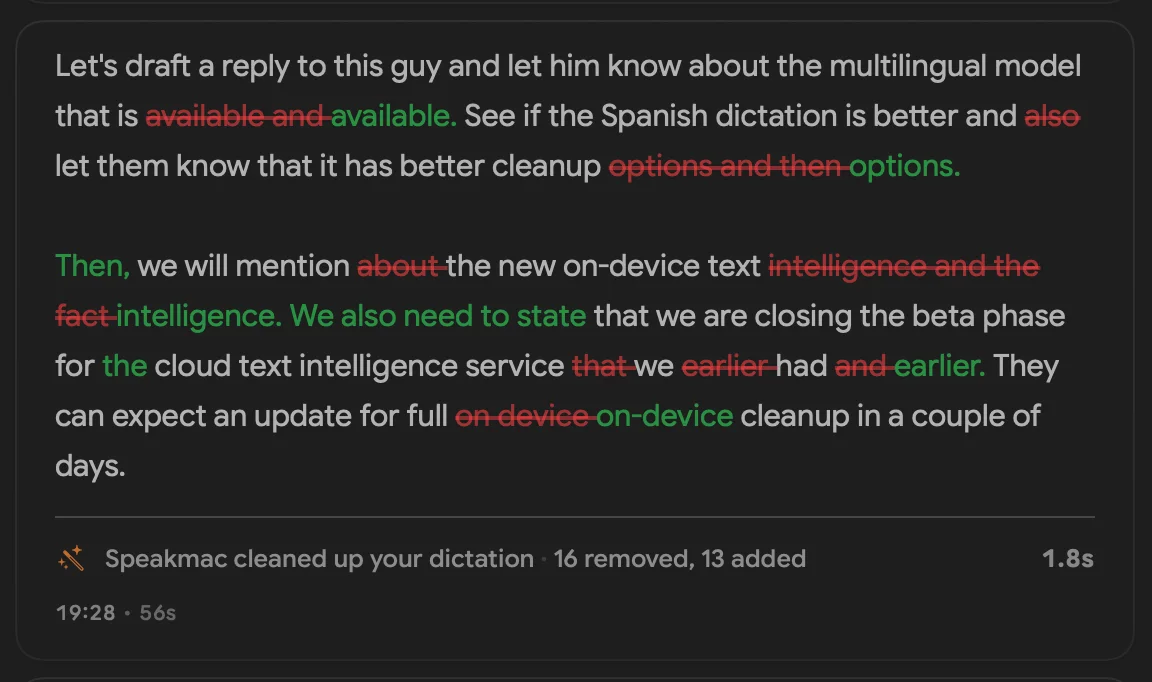 Speakmac Text Cleanup showing removed words in red and improved wording in green