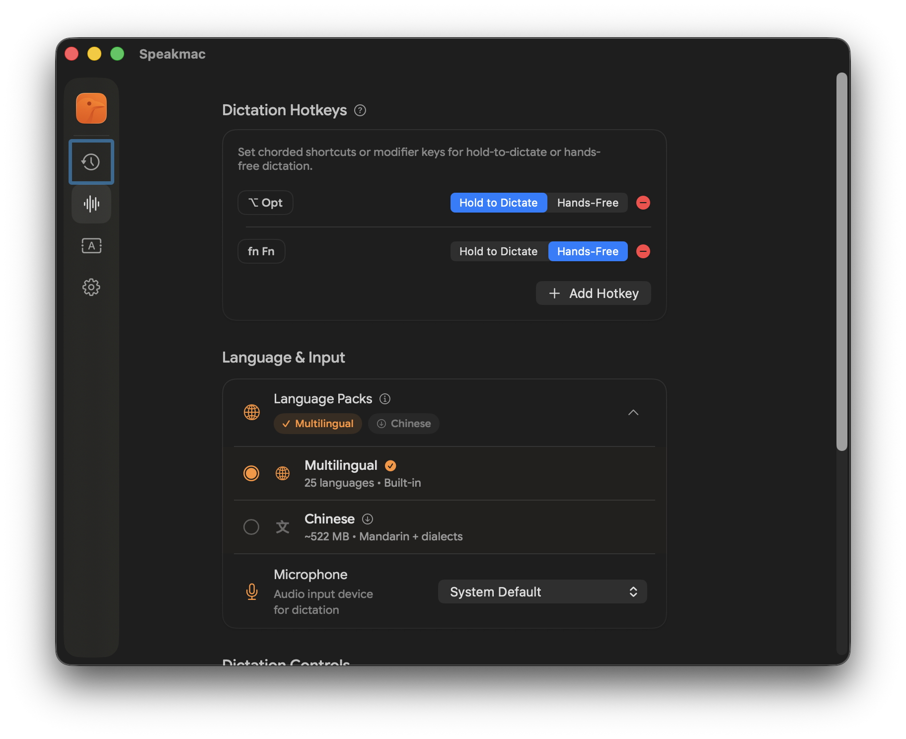 Speakmac settings showing local-first dictation controls on Mac